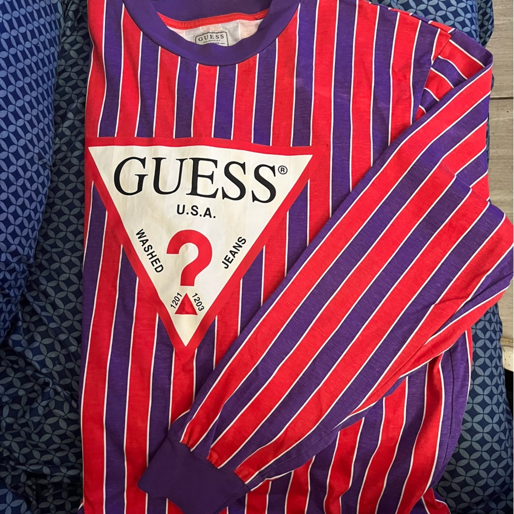 Guess | Long sleeve red, purple and white stripped shirt